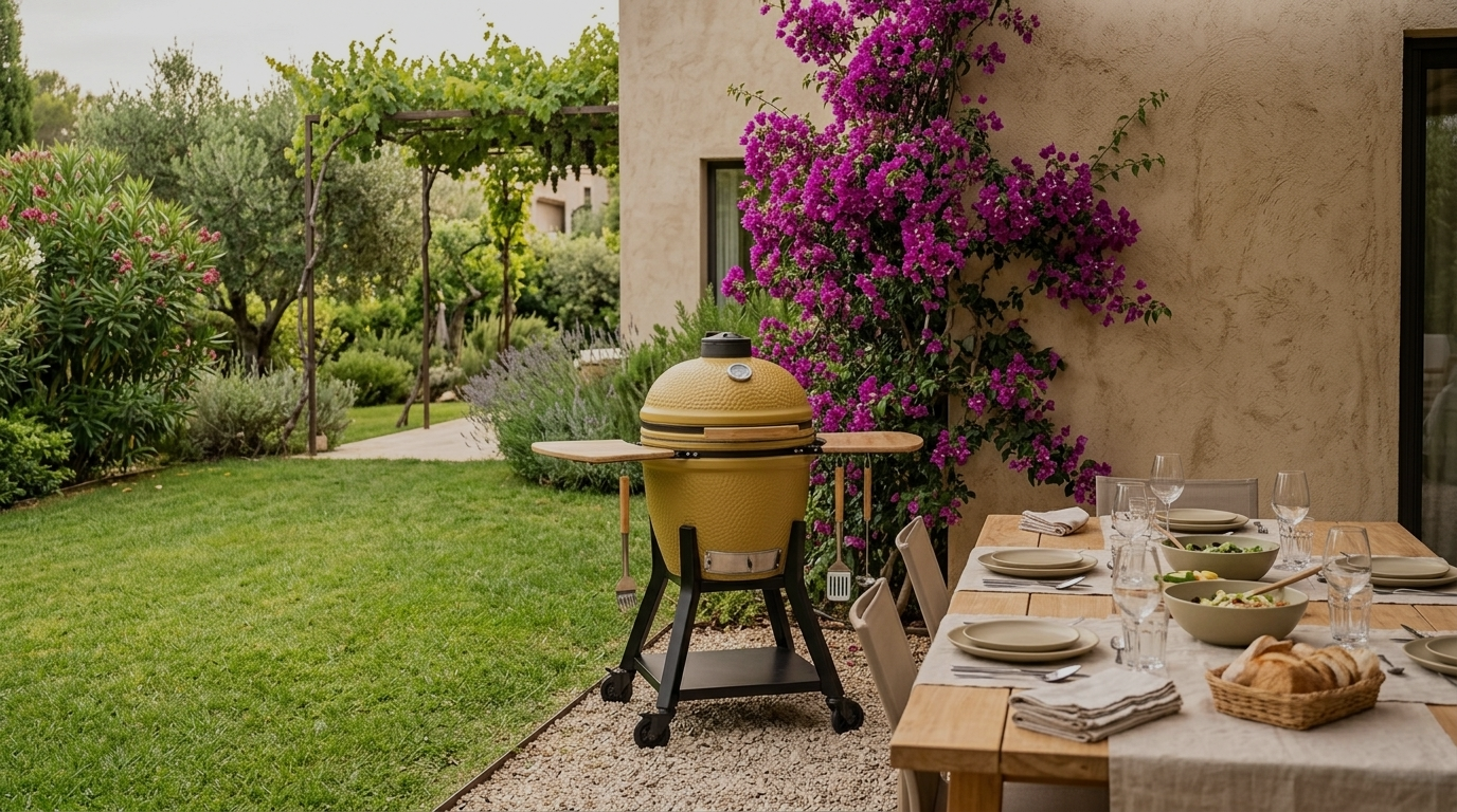 Kamado doré jardin déjeuner — Slow Fire (assombrie)